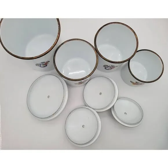 Midcentury 1960's Signed Georges Briard Fruit and Flower Enamelware Canister Set